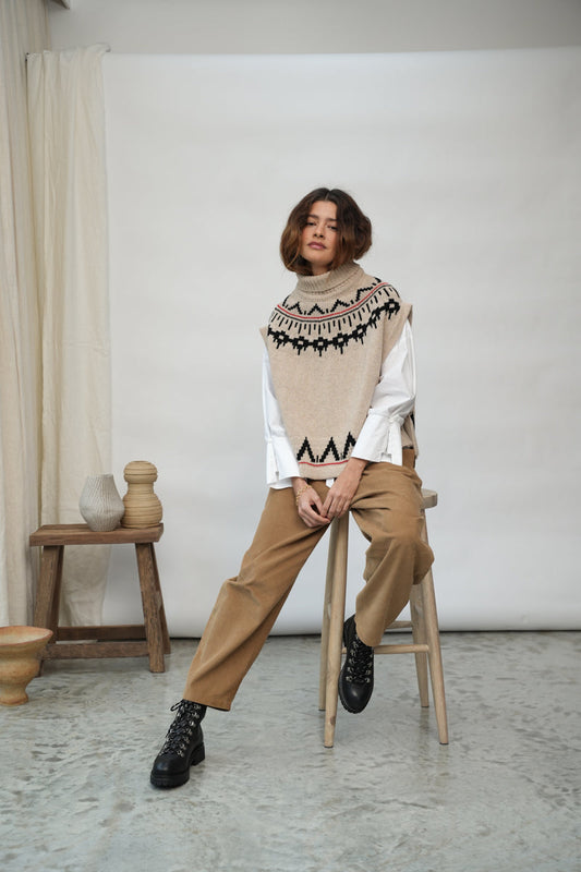 Kanon-Sue Recycled Wool Knitted Vest in Cream Marl Fairisle