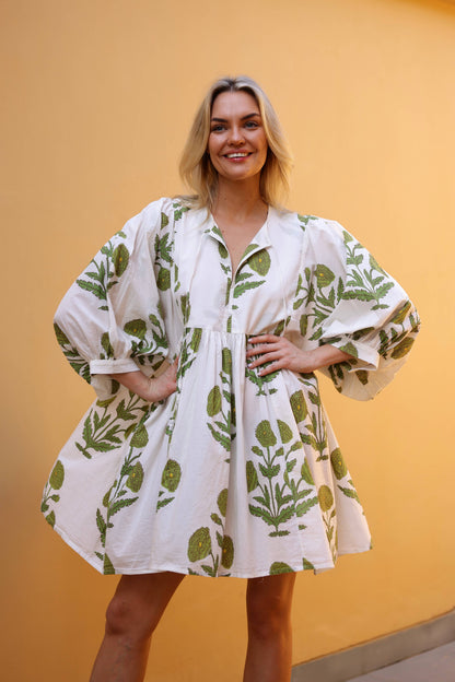 Taj Mini Dress Green Flower Block Print