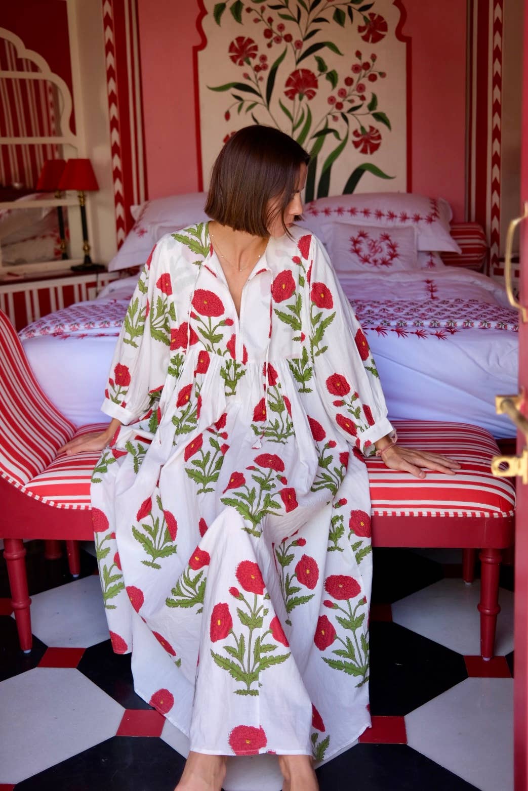 Taj Maxi Dress Red Flower Block Print
