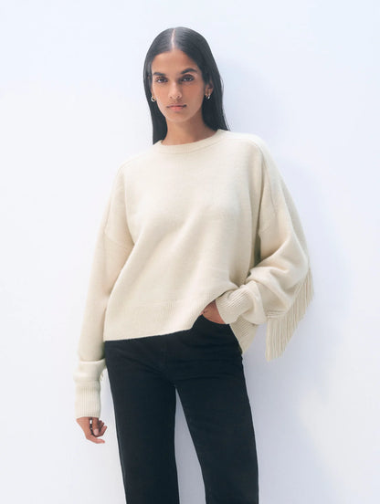 White + Warren Cashmere Blend Luxe Fringe Crewneck in Ivory