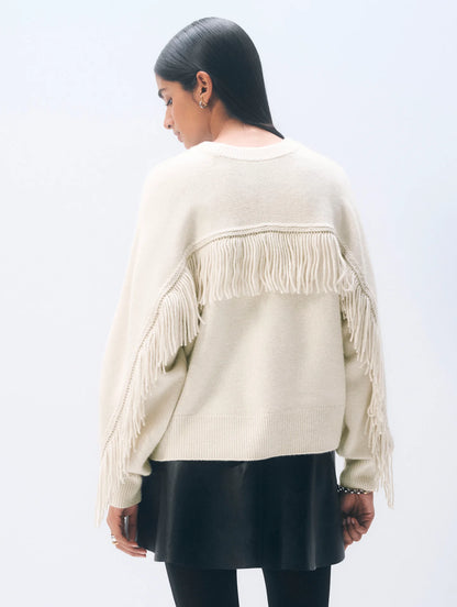 White + Warren Cashmere Blend Luxe Fringe Crewneck in Ivory