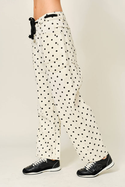DOT BARREL DENIM PANTS WITH EYELET WAIST