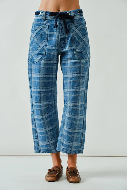Plaid Semi Barrel Jeans with Drawstring Belt