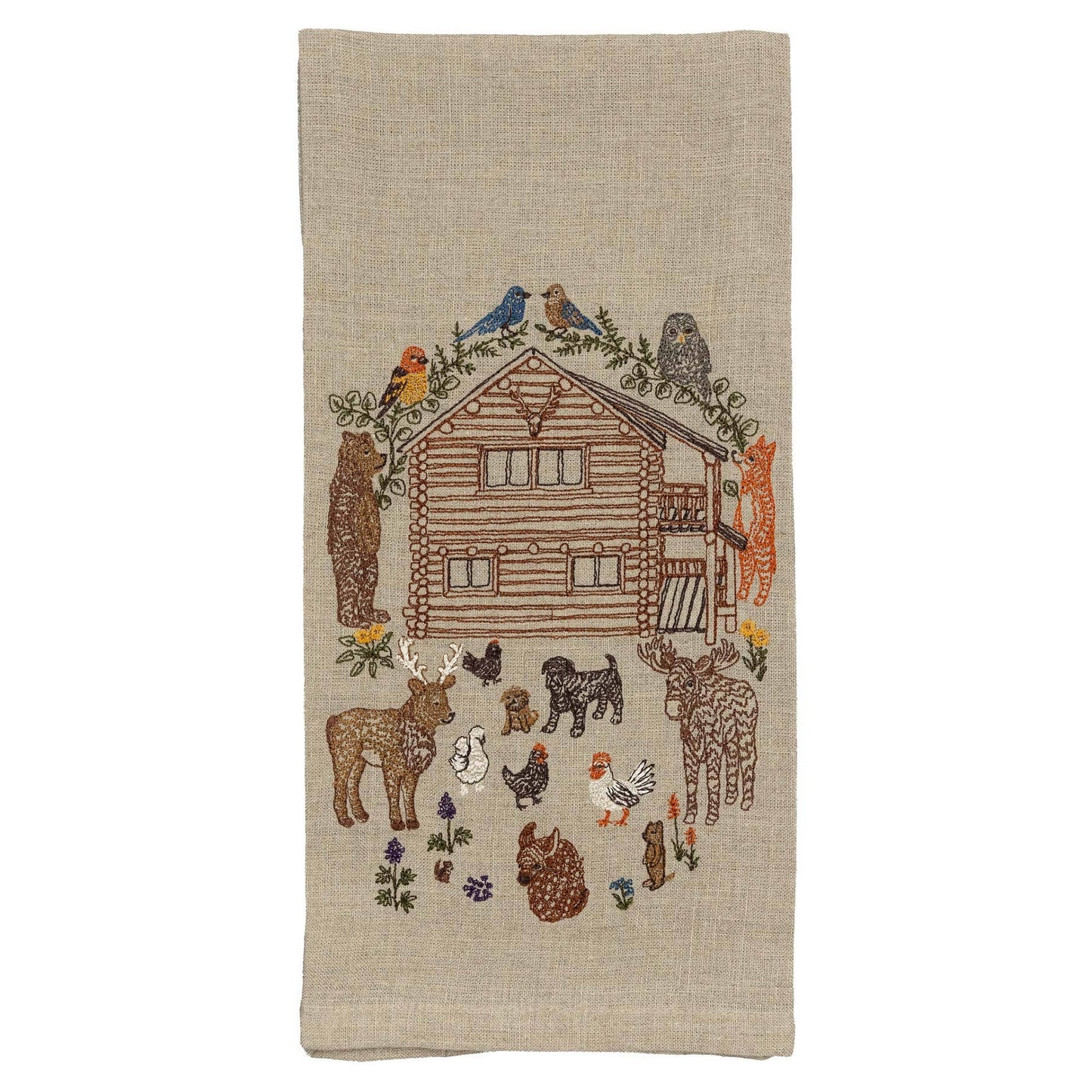 Embroidered Cabin Animals Tea Towel