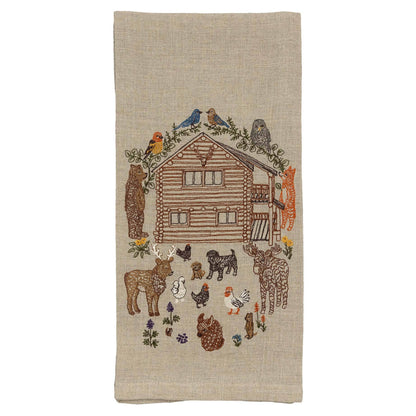 Embroidered Cabin Animals Tea Towel