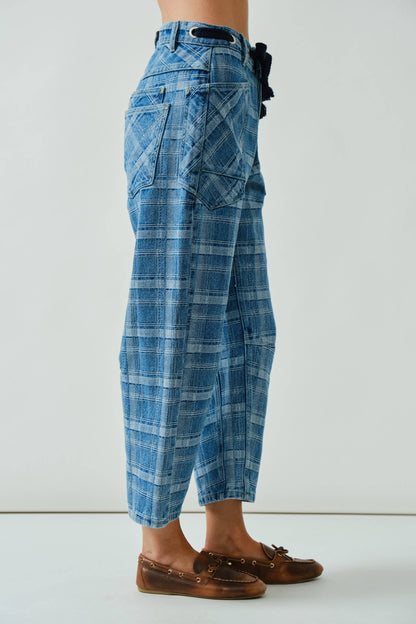 Plaid Semi Barrel Jeans with Drawstring Belt