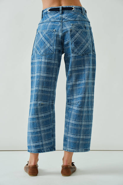 Plaid Semi Barrel Jeans with Drawstring Belt