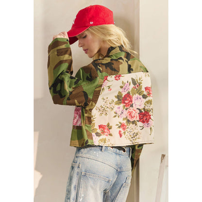 Cropped Camo Floral Patch Lightweight Jacket Top