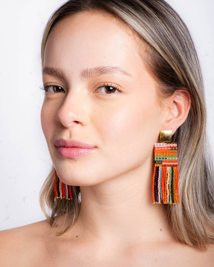 Beaded Handwoven Striped Knit Fringe Earrings