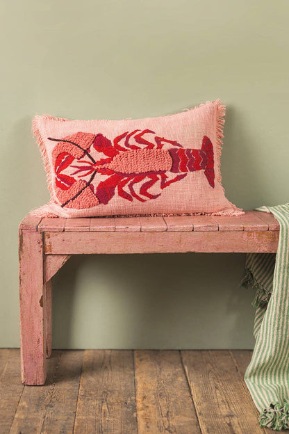 Lobster Embroidered & Tufted Pink Pillow