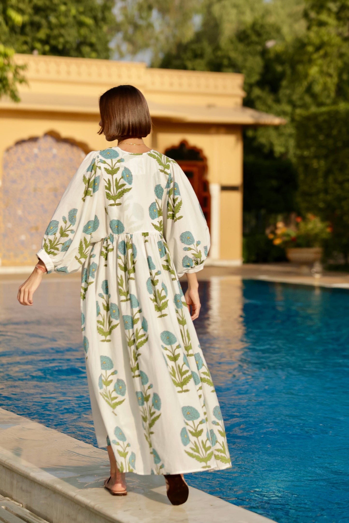 Taj Maxi Dress Blue Flower Block Print