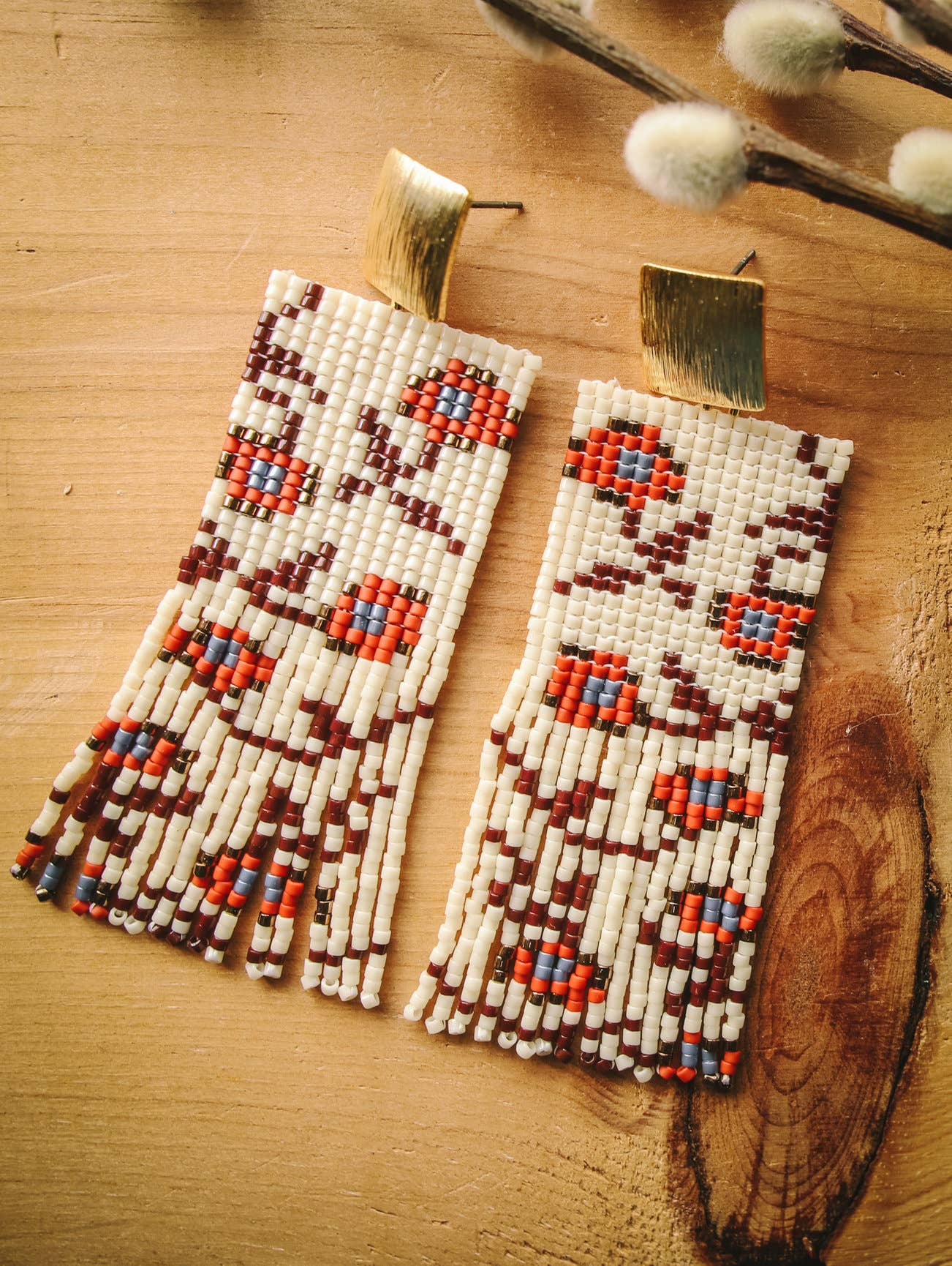 Beaded Handwoven Falling Flower Fringe Earrings