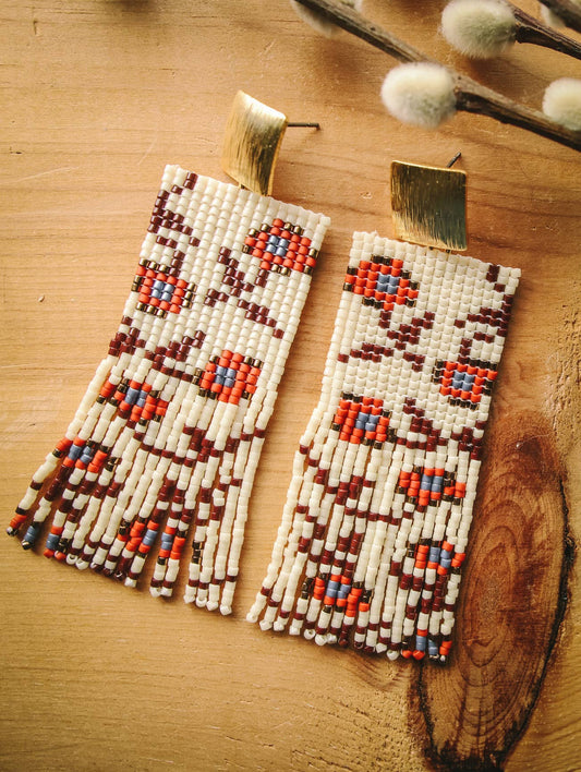 Beaded Handwoven Falling Flower Fringe Earrings