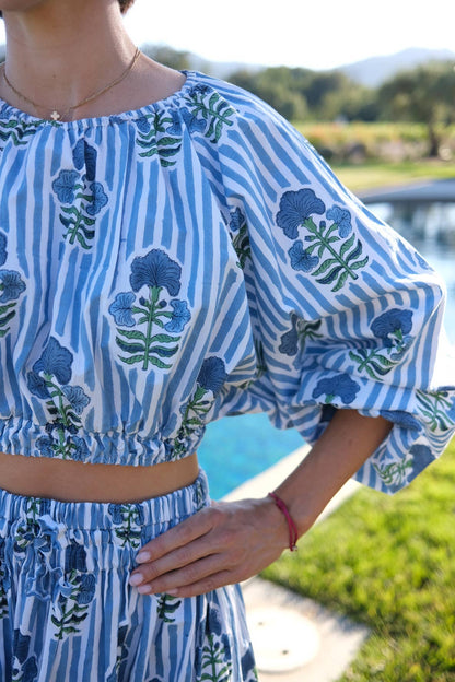 Newport Skirt Blue Green Flower Block Print