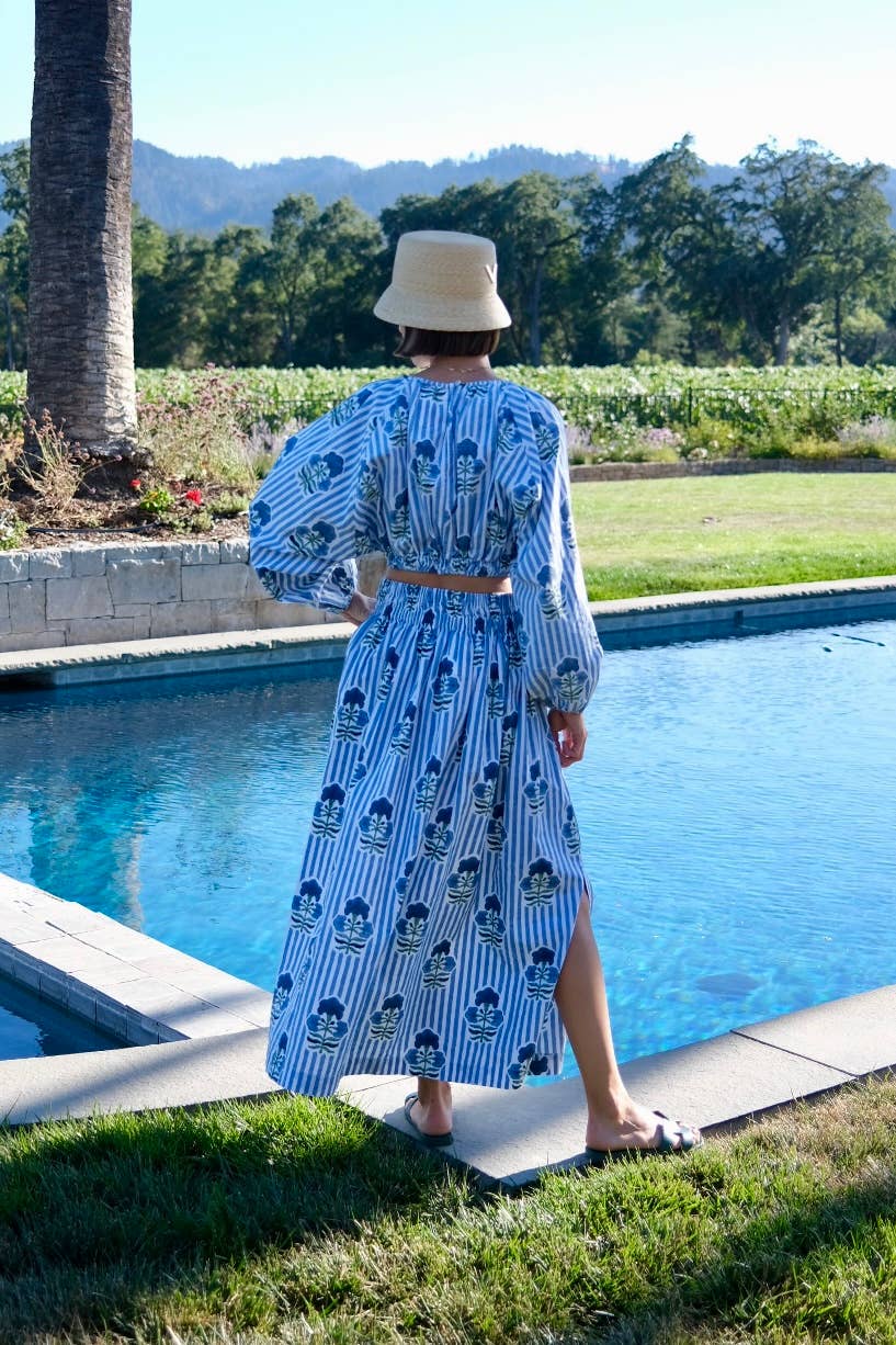 Newport Skirt Blue Green Flower Block Print