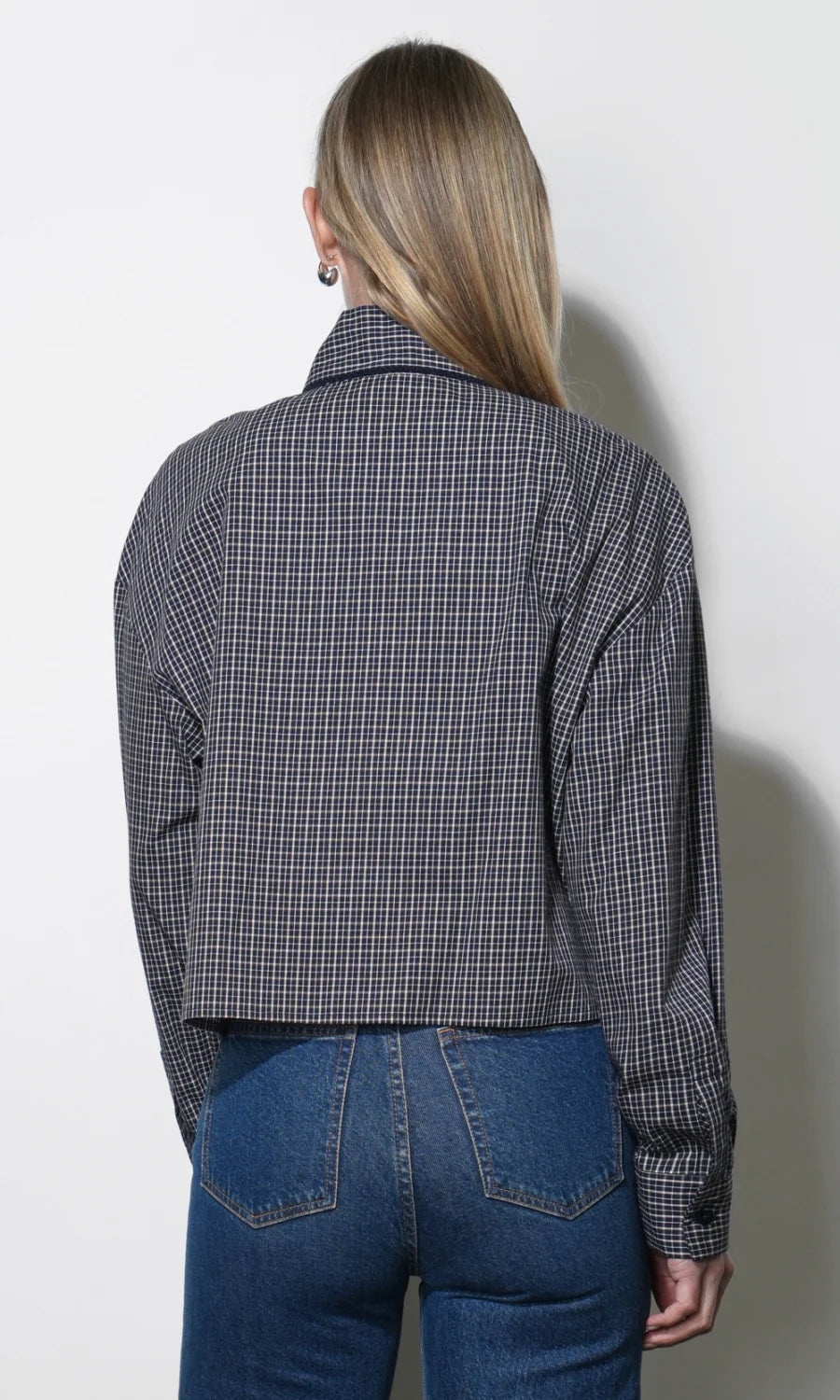 Honey Boxy Tie Neck Checked Button Down Top.