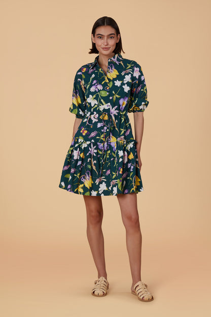 navy dress with bright and large colored florals