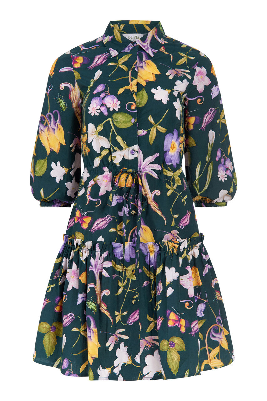 navy dress with bright and large colored florals
