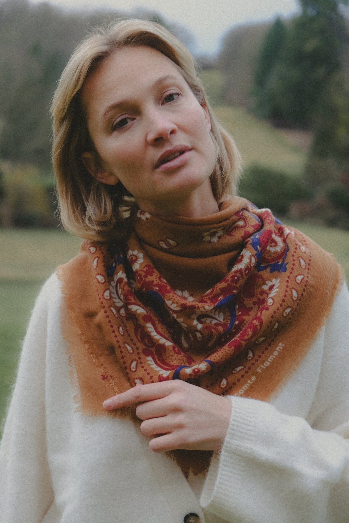 Maison Lecomte Flament Bandana Flowers Camel Scarf