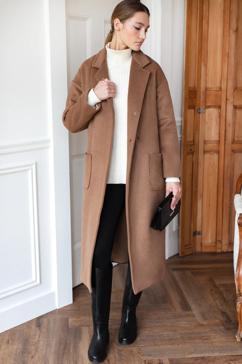 Saddle Brown Wool-Cashmere Wrap Coat
