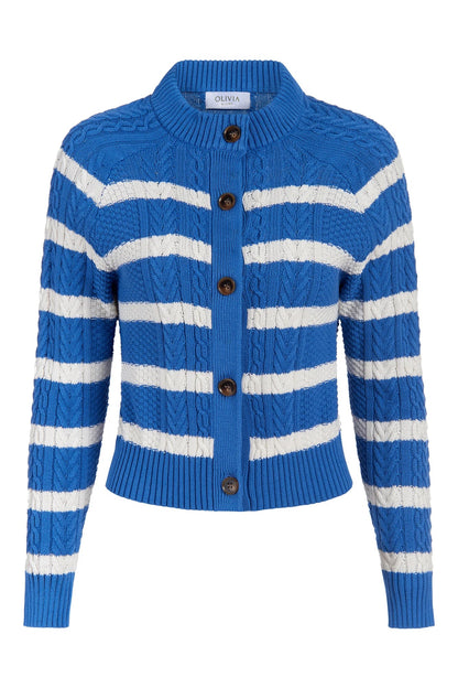 blue and white striped woven cardigan 