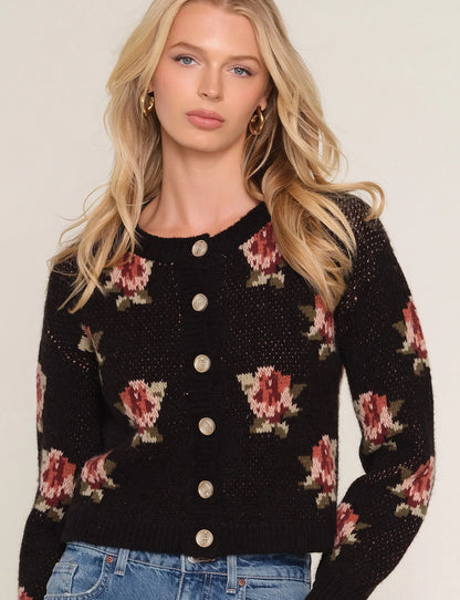 Rosette Jacquard Cardigan Sweater