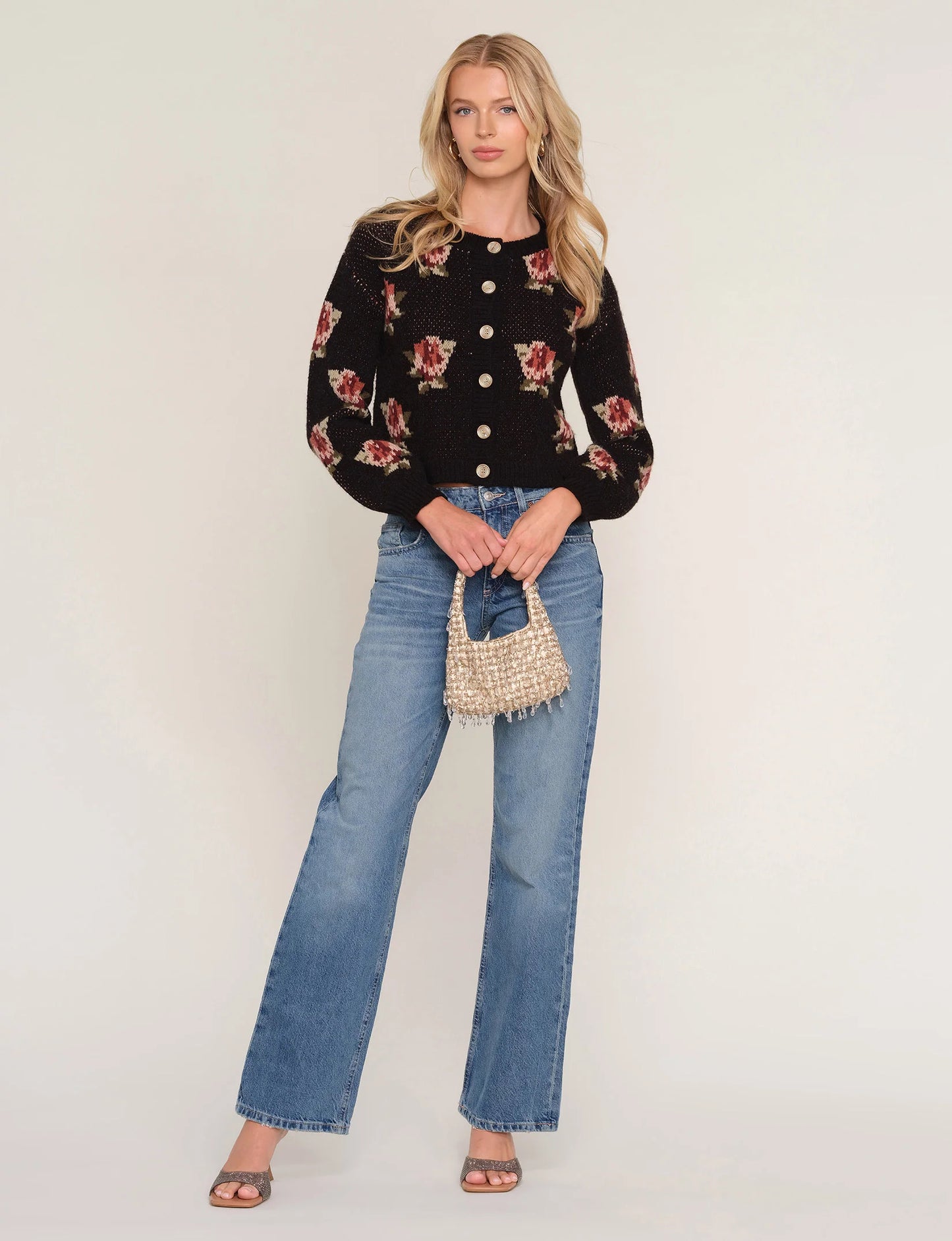 Rosette Jacquard Cardigan Sweater