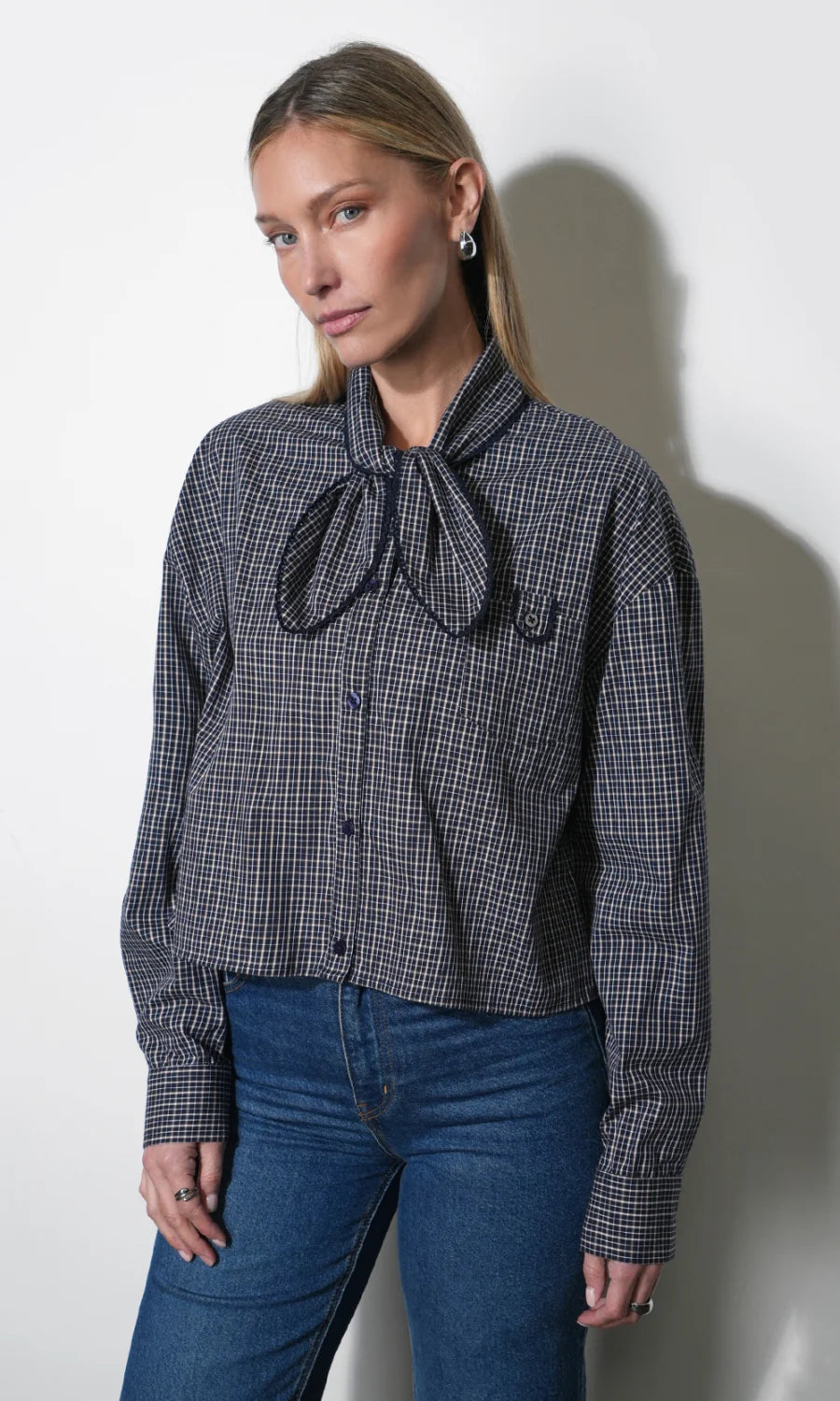 Honey Boxy Tie Neck Checked Button Down Top.