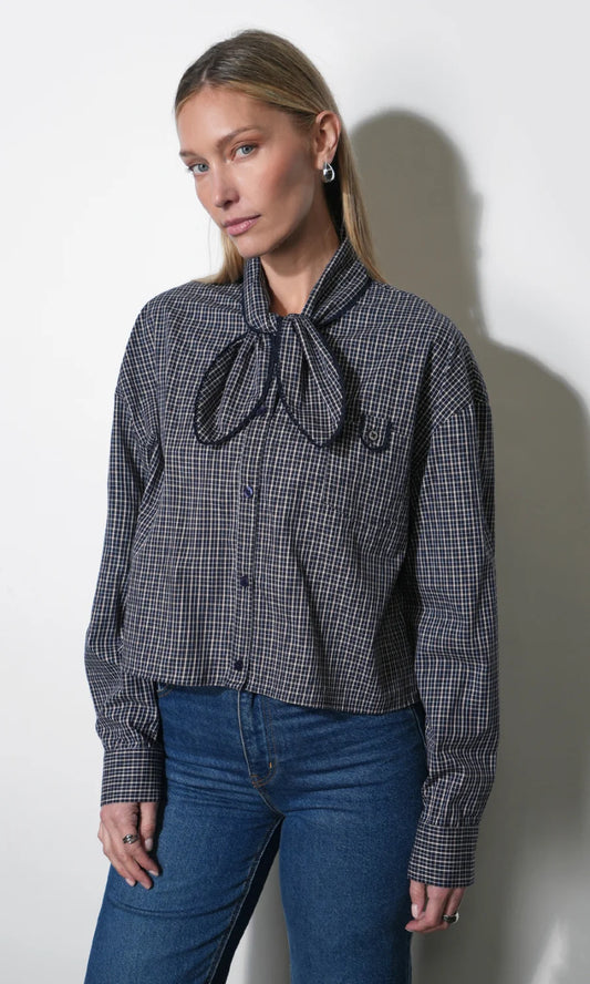 Honey Boxy Tie Neck Checked Button Down Top.