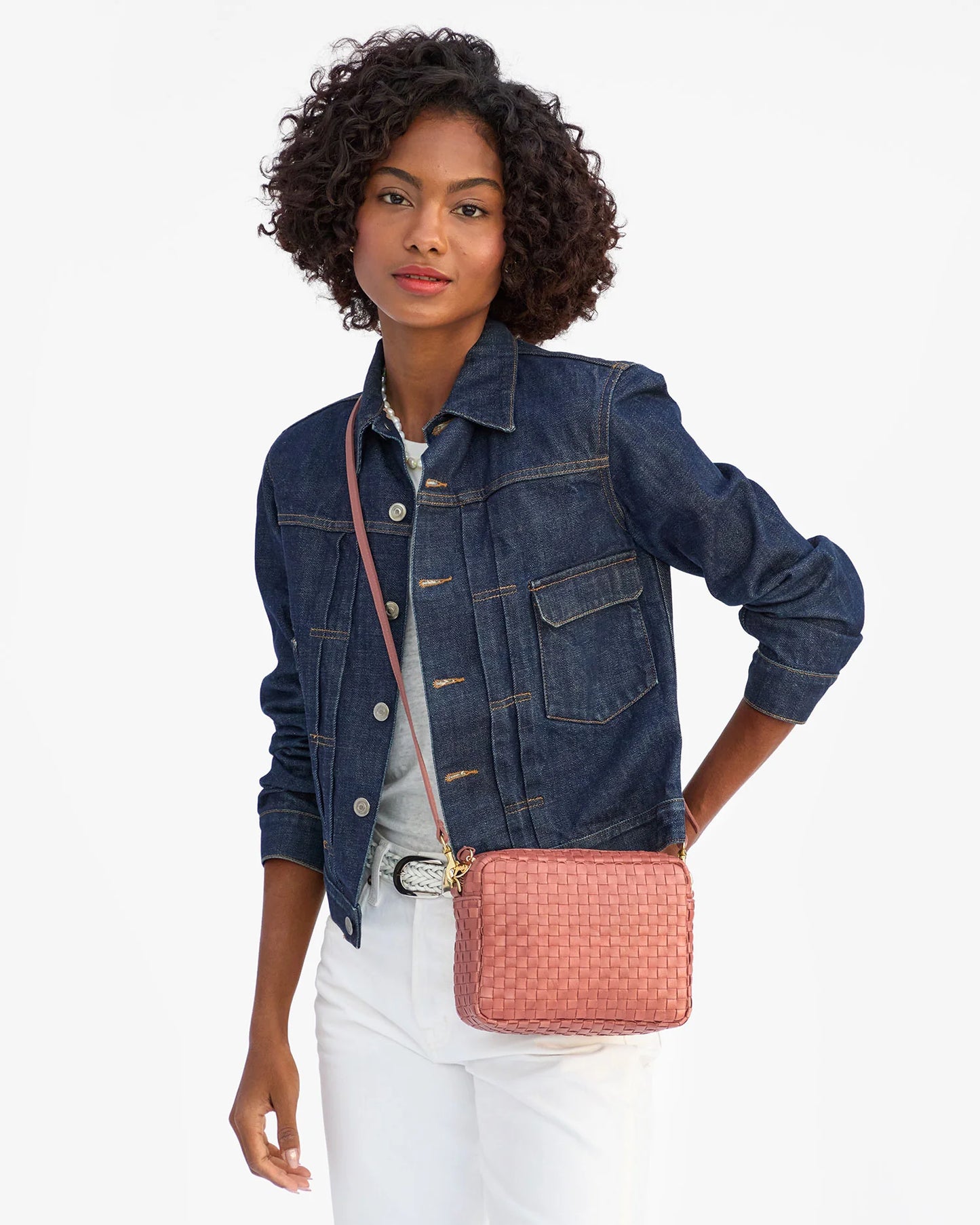Clare V. Midi Sac in Rose Clay Woven Checker