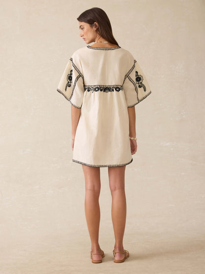 Embroidered Short Sleeve Linen Dress