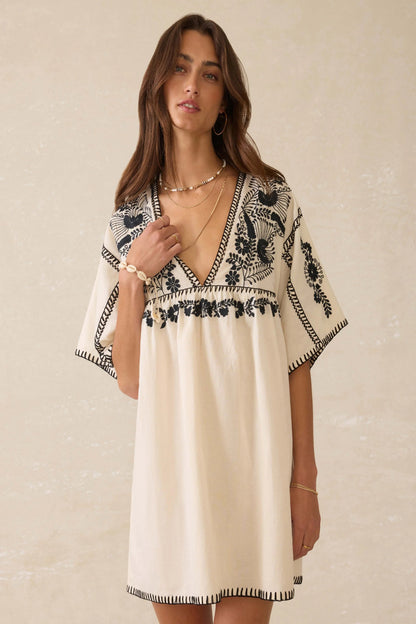 Embroidered Short Sleeve Linen Dress