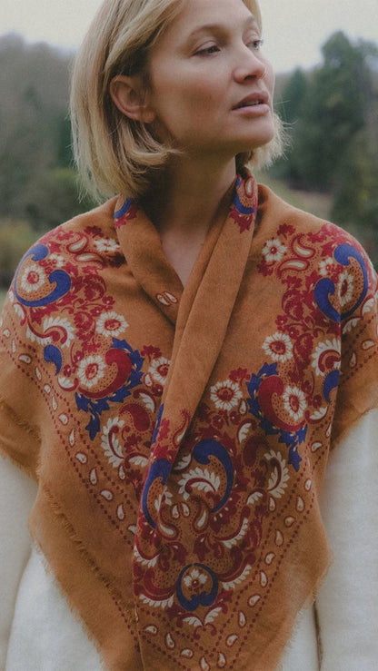 Maison Lecomte Flament Bandana Flowers Camel Scarf
