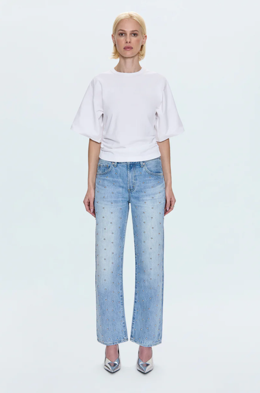 Lexi Studded Mid Rise Bowed Straight Jean