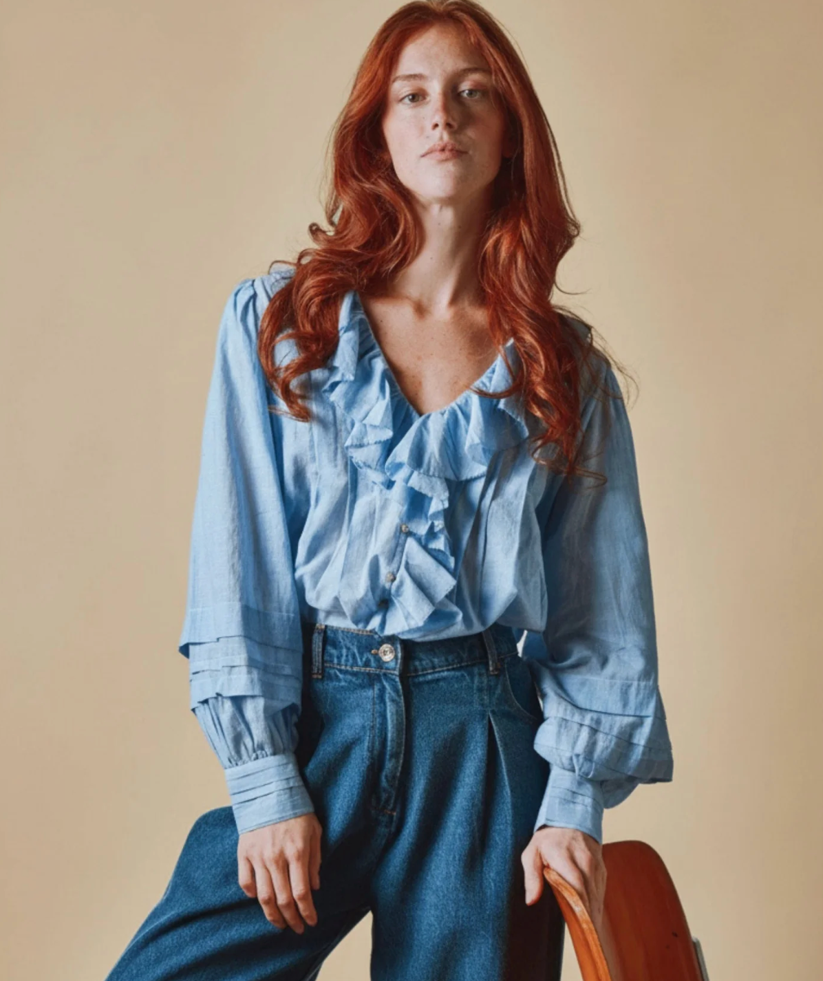Blue Khaki Ruffle Blouse