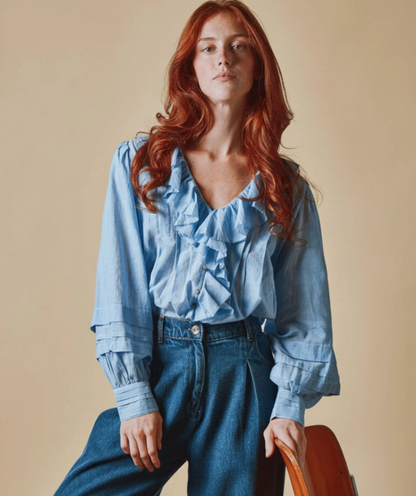 Blue Khaki Ruffle Blouse