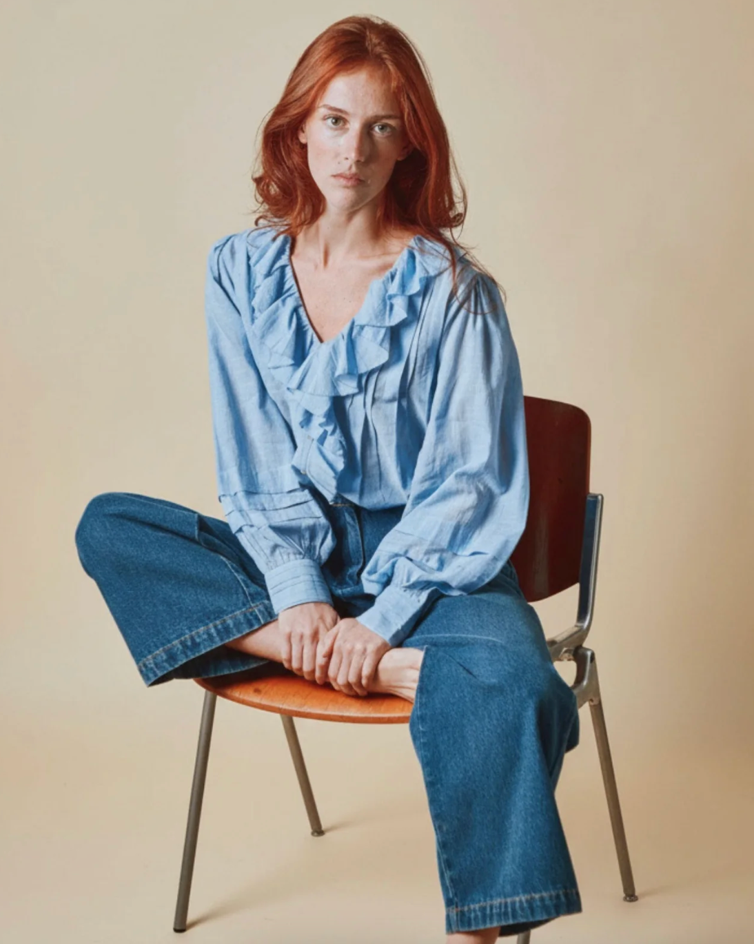 Blue Khadi Ruffle Blouse
