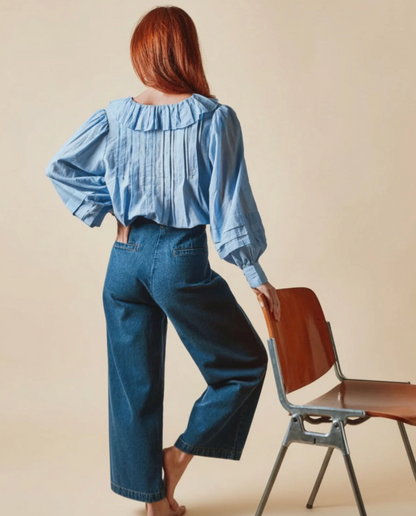 Blue Khaki Ruffle Blouse
