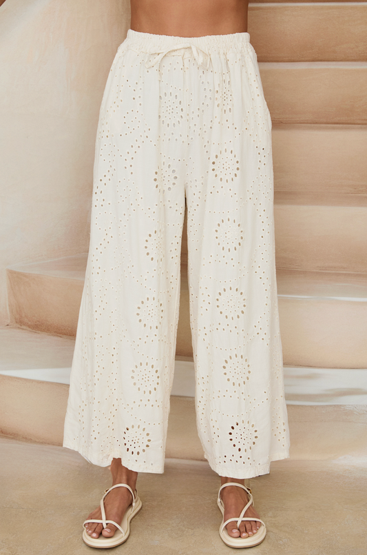 Milano Elastic Waistband Wide Leg Eyelet Pants