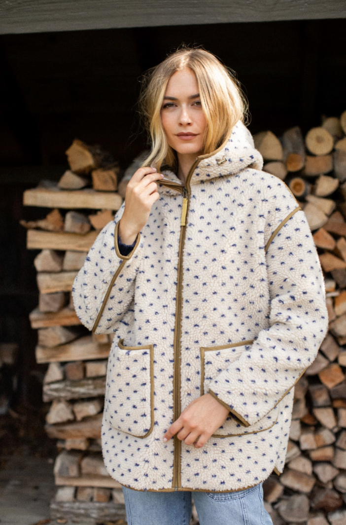 Marea Hooded Sherpa Jacket in Ivory and Blue Birdseye