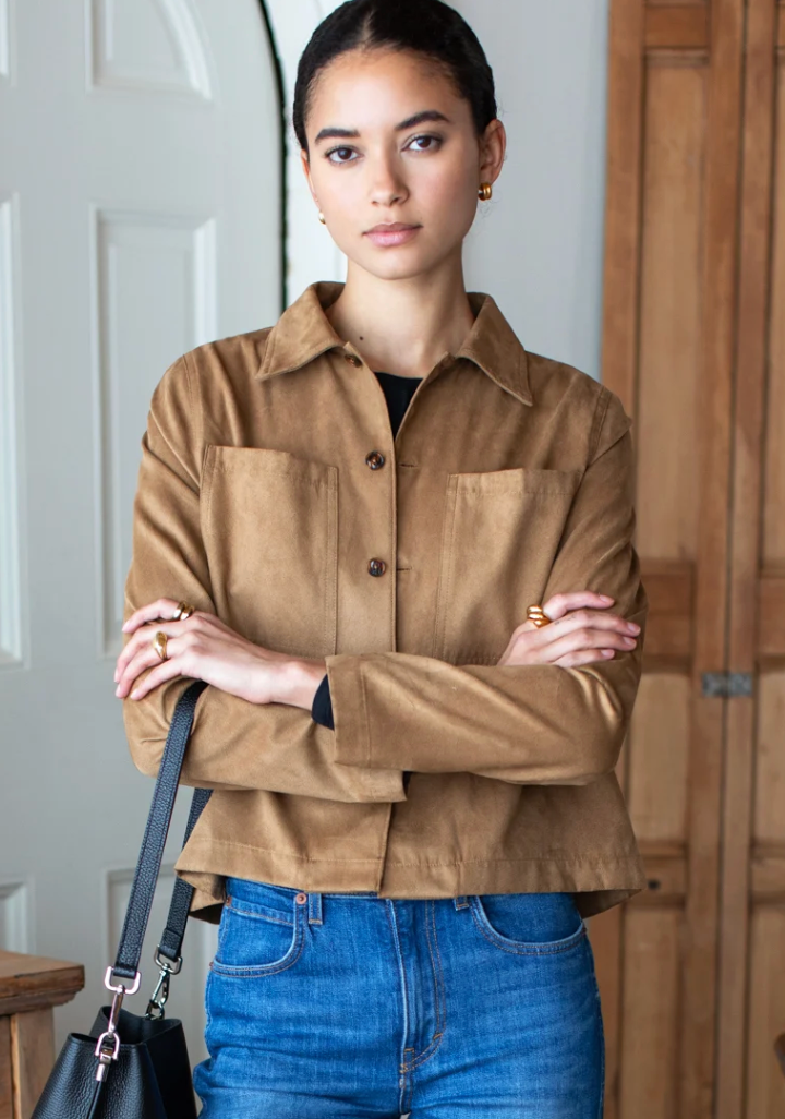 Emerson Fry Atelier Pocket Jacket in Camel Vegan Suede