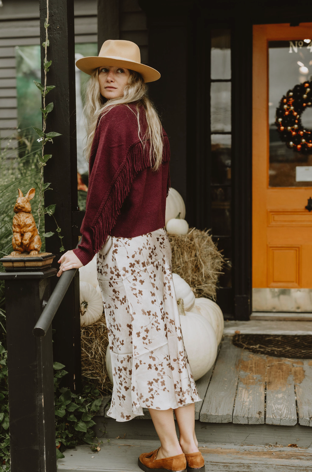 Clover Floral Leaf Print Silky Maxi Skirt