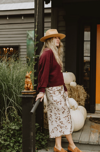 Clover Floral Leaf Print Silky Maxi Skirt