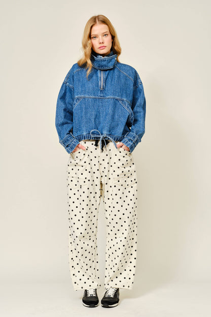 DOT BARREL DENIM PANTS WITH EYELET WAIST