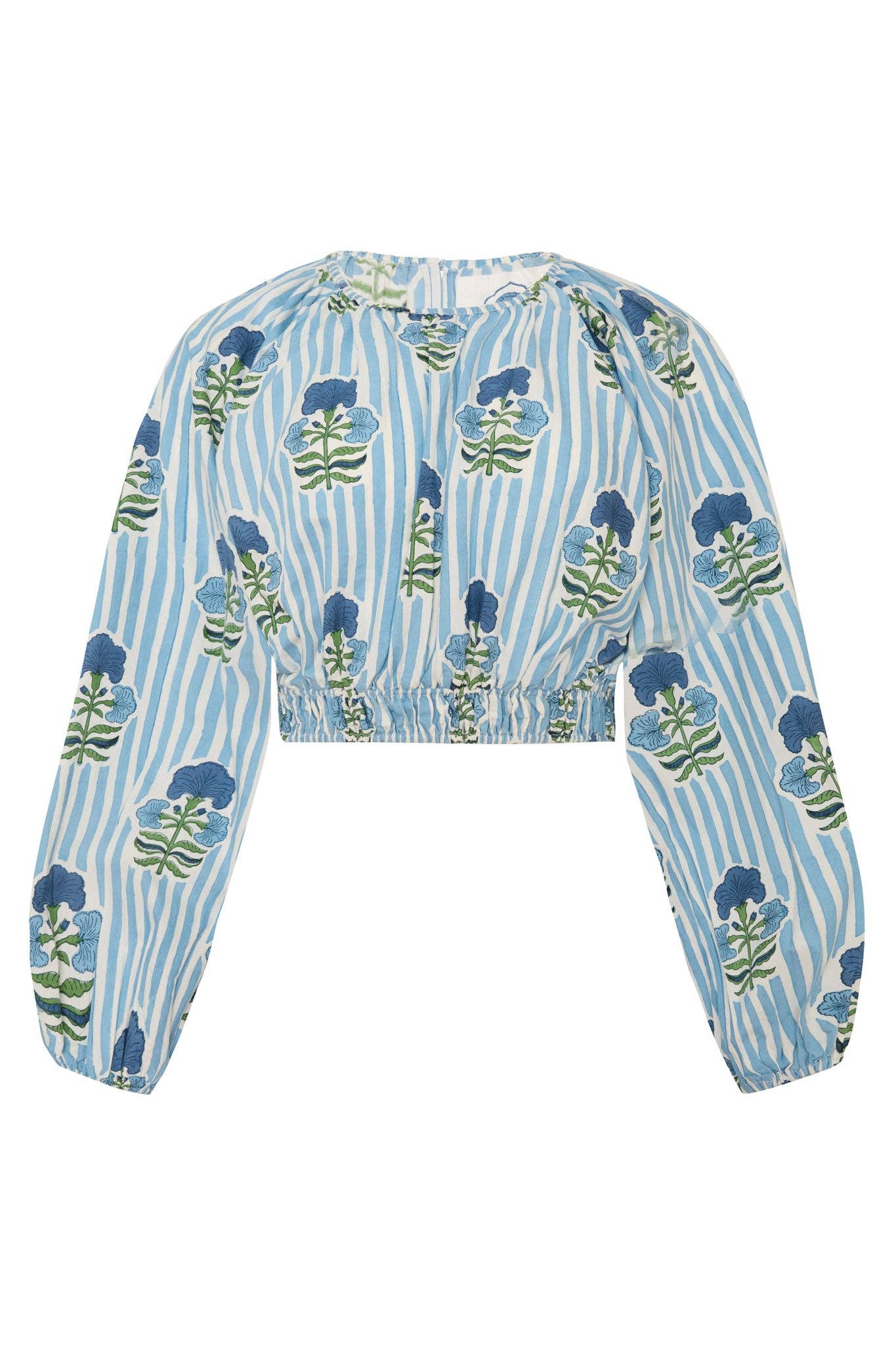 Newport Top Blue Green Flower Block Print