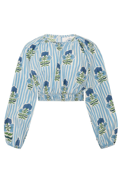 Newport Top Blue Green Flower Block Print