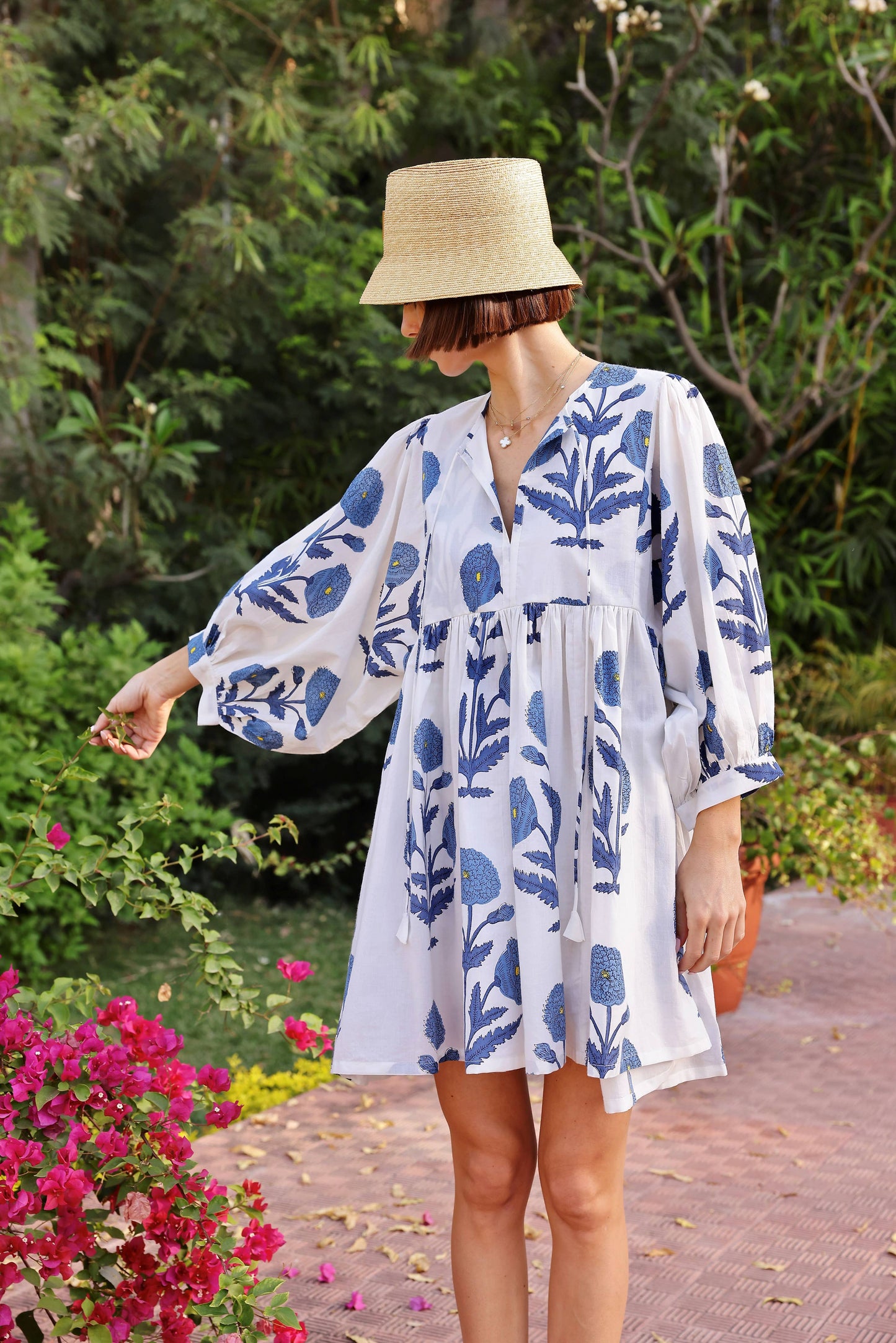 Taj Mini Dress Indigo Flower Block Print