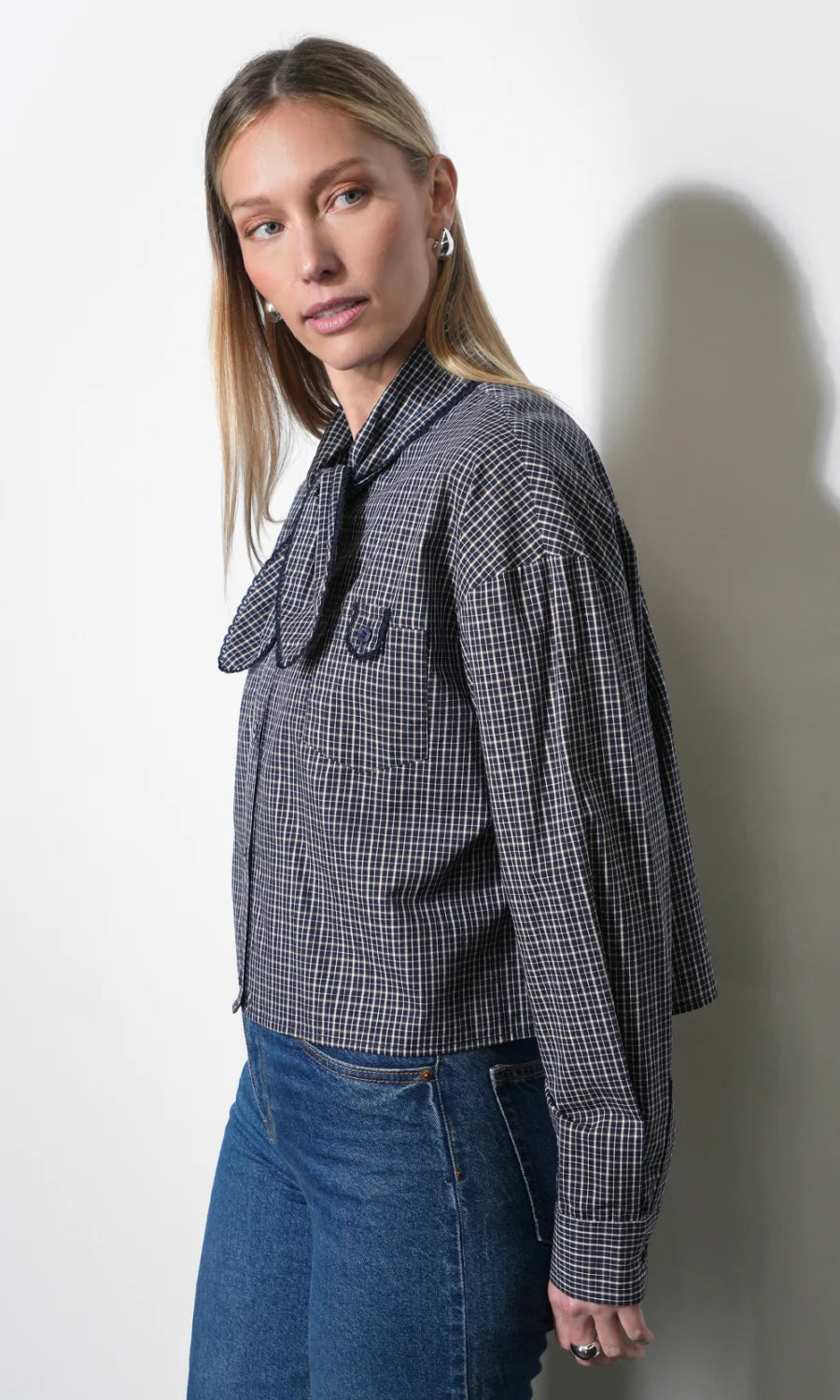 Honey Boxy Tie Neck Checked Button Down Top.