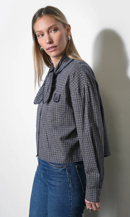 Honey Boxy Tie Neck Checked Button Down Top.