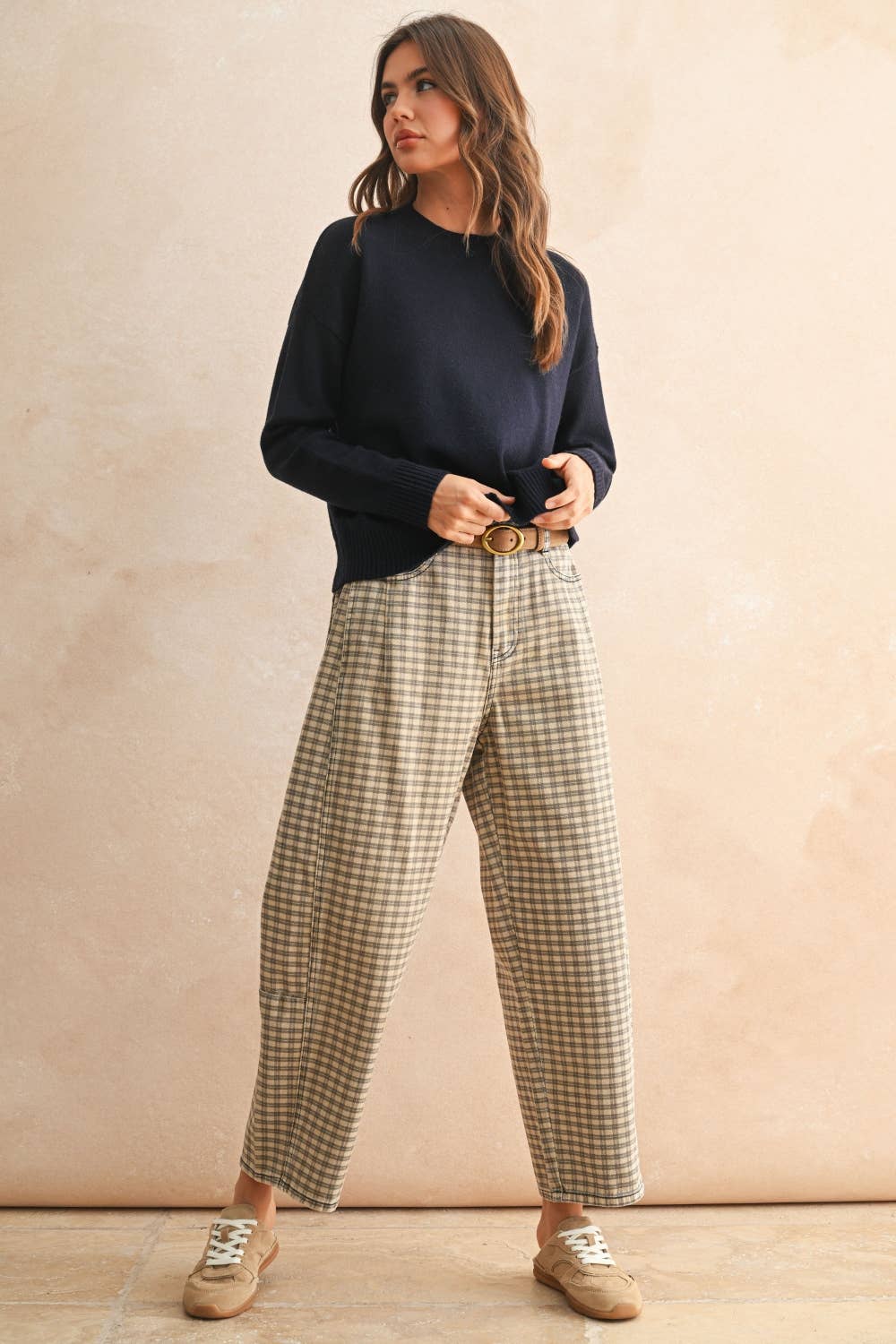 Mini Checker Barrel Pants in Navy and White Check
